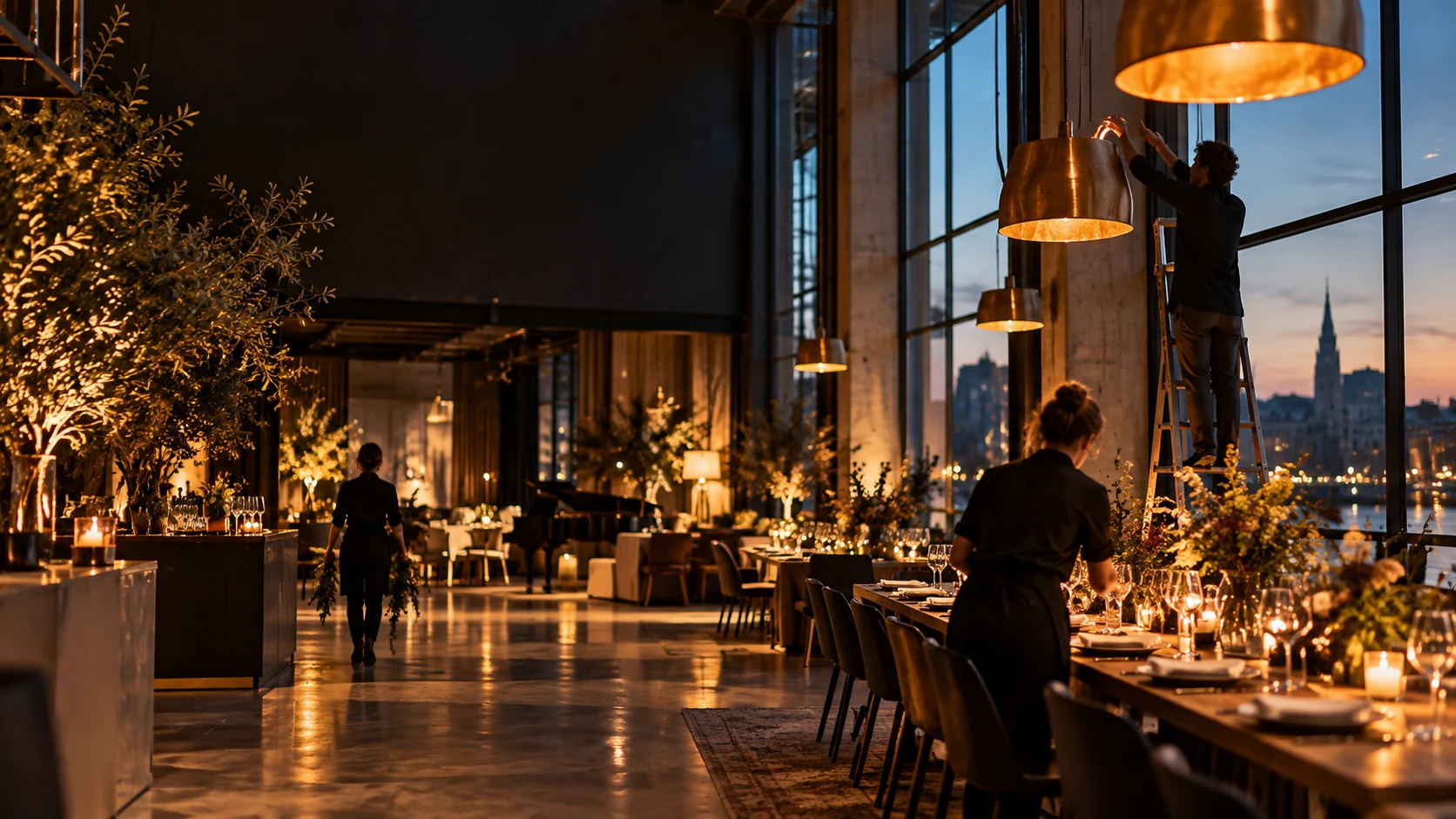 Een eventteam bereidt de tafels en verlichting in een evenementenlocatie voor